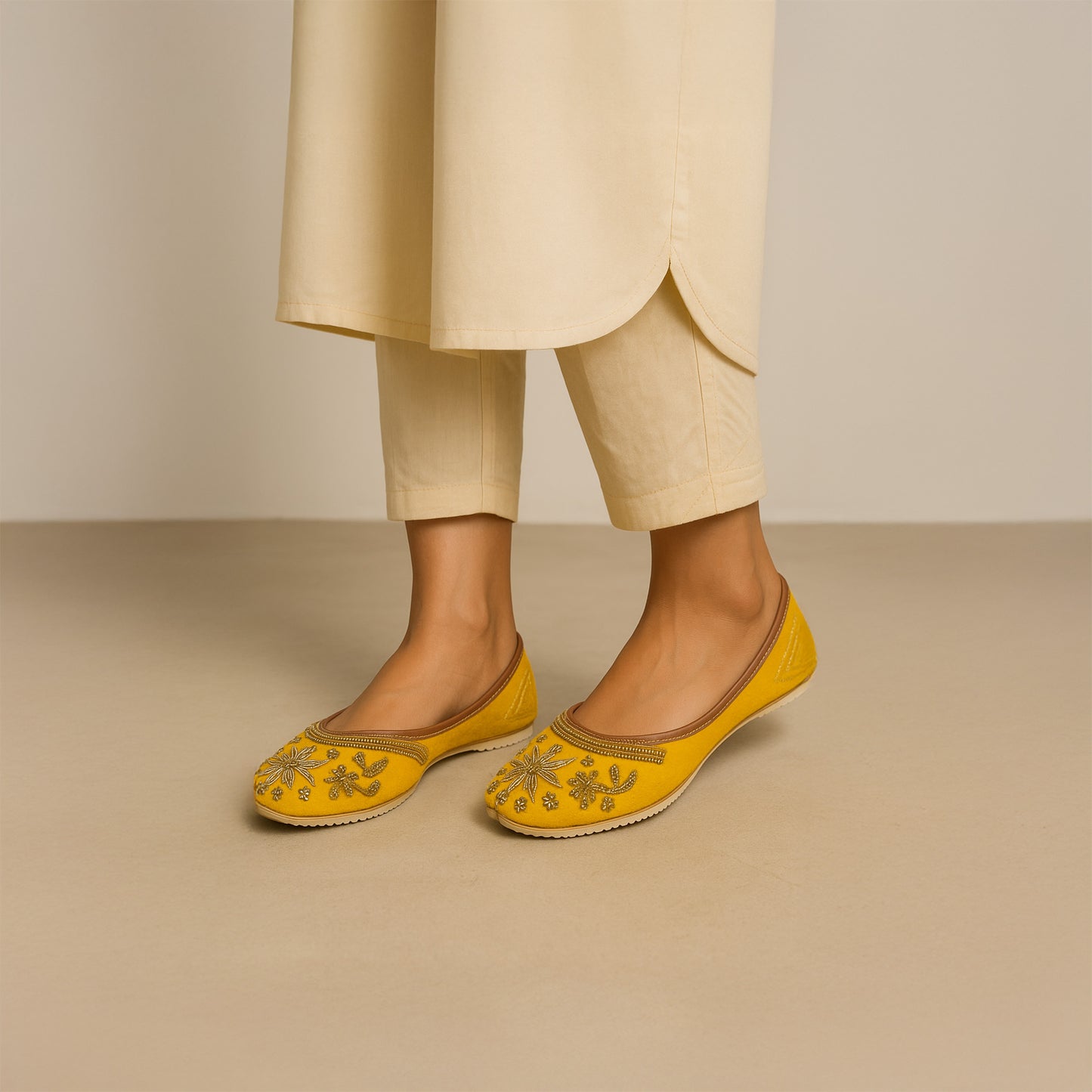 Handcrafted Yellow Juttis with Floral Moti Embiodery