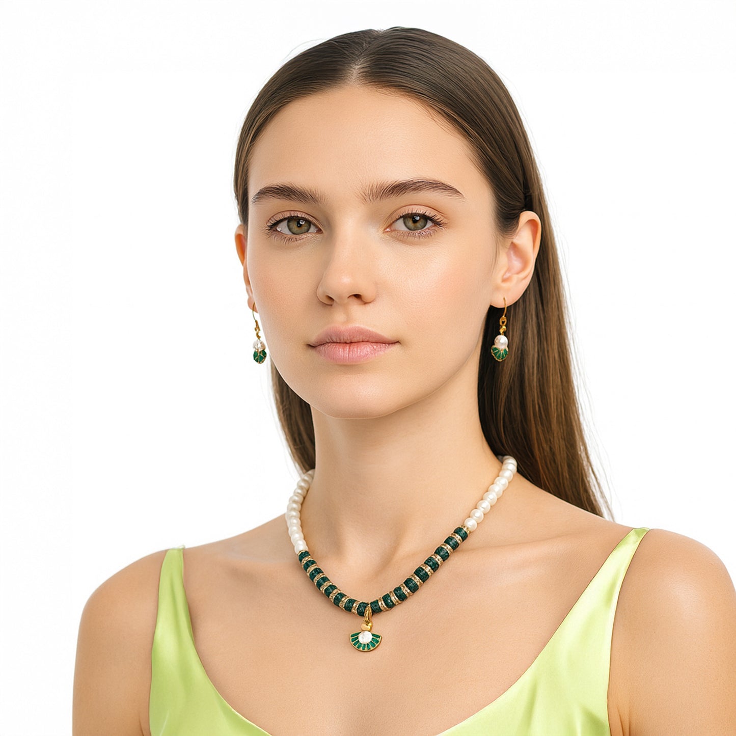 Green Pearl Necklace Set with Matching Earrings