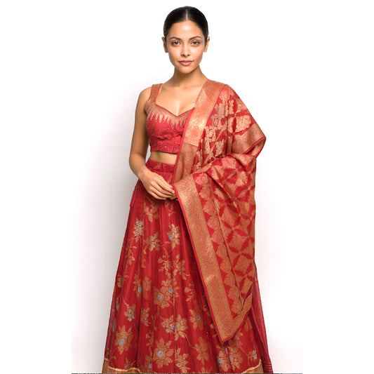 Pre-stitched free size Elegant Red Banarasi Lehenga  Choli in Jari and Brocade Work