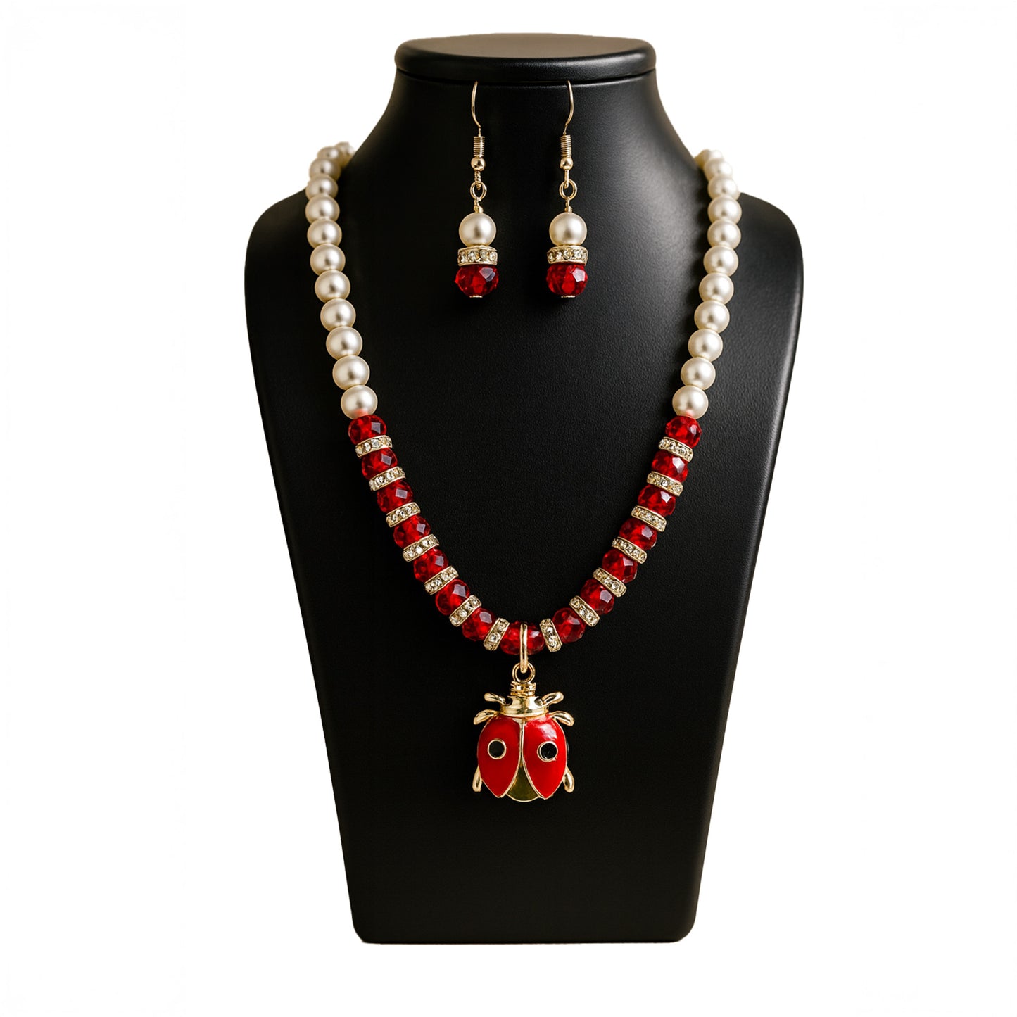 Red Pearl Necklace Set with Ladybug Charm