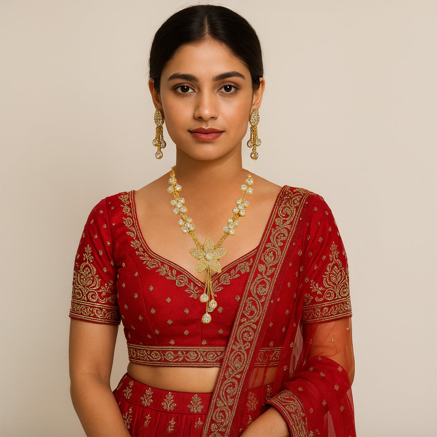 Gold-Tone Floral  Stone Studded Sparkling Necklace  Set