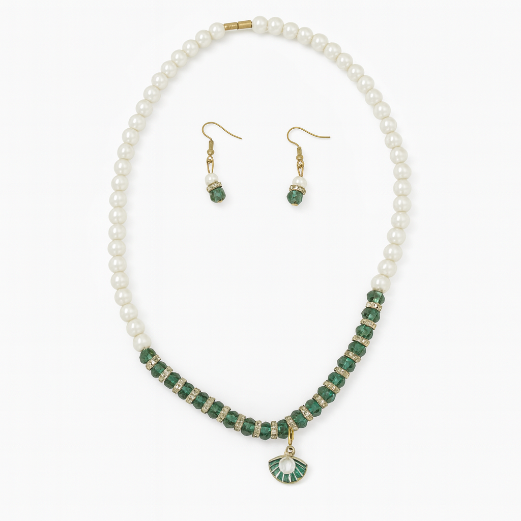 Green Pearl Necklace Set with Matching Earrings