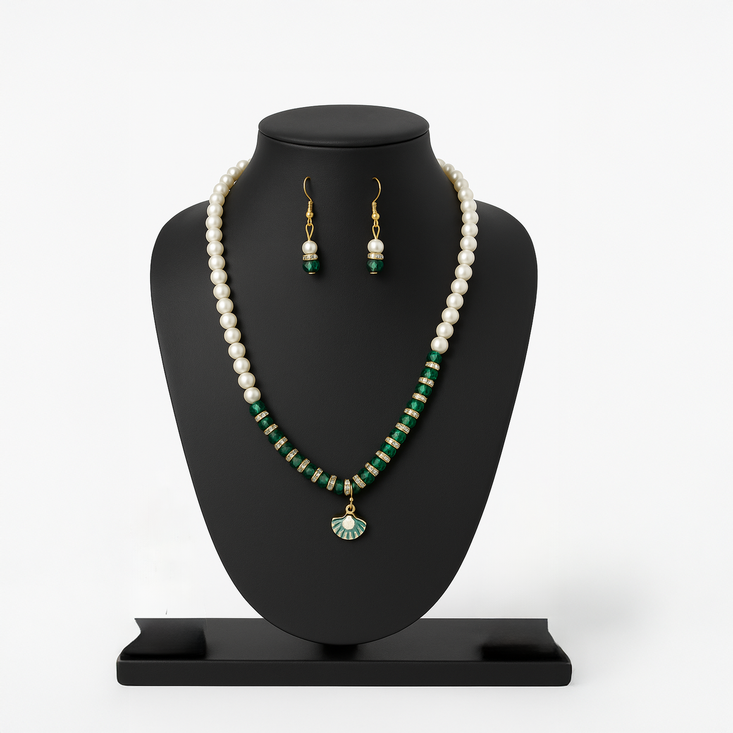 Green Pearl Necklace Set with Matching Earrings