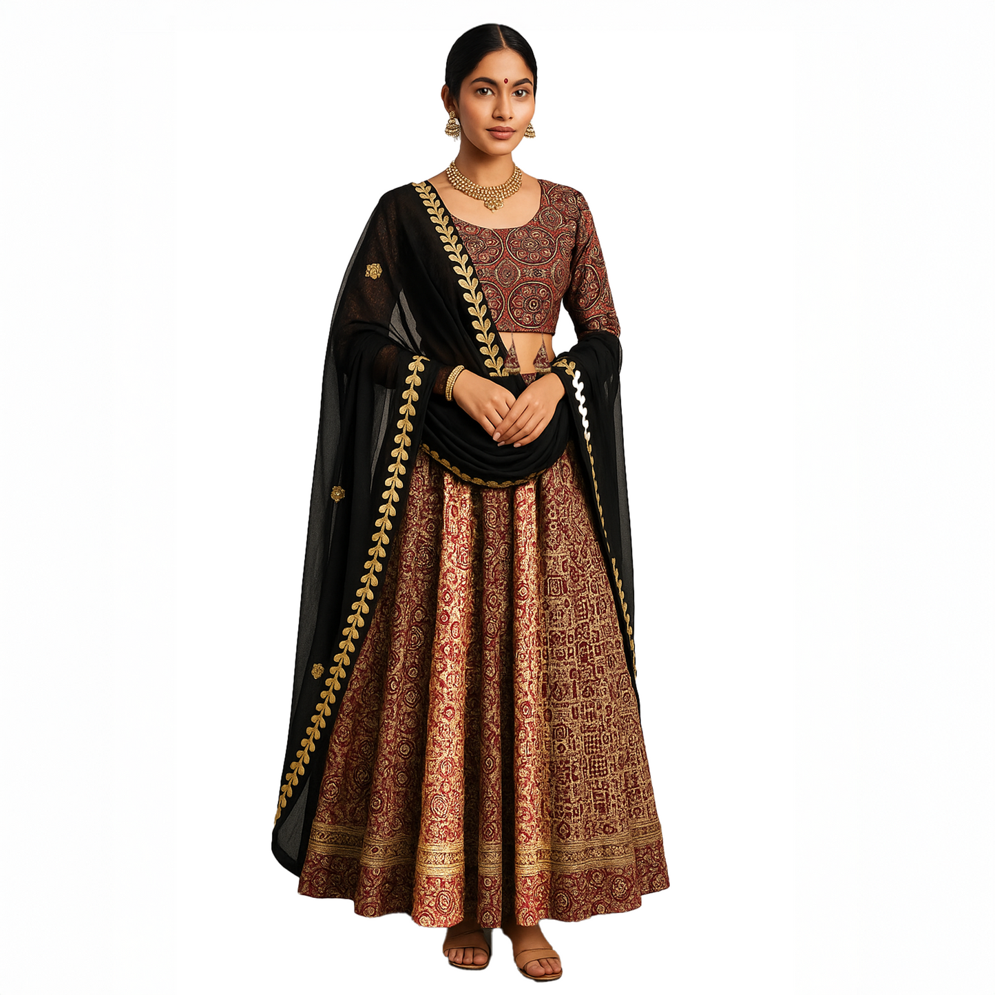 Brown & Gold Embroidered Cotton Lehenga Set with Black Dupatta