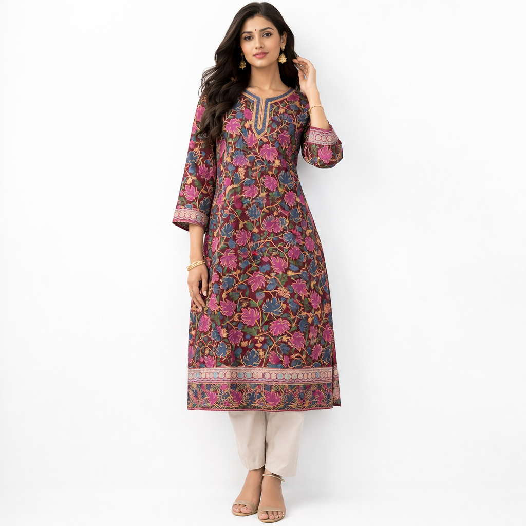 Maroon full-embroidered free size Kurti -semi-stitched