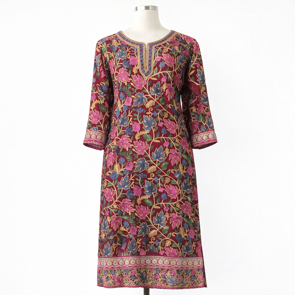 Maroon full-embroidered free size Kurti -semi-stitched