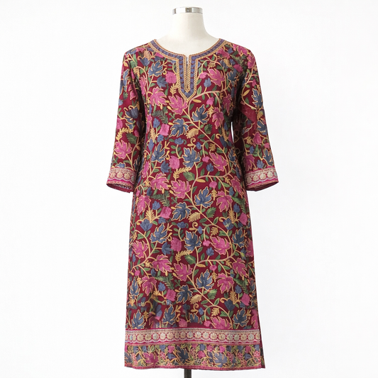 Maroon full-embroidered free size Kurti -semi-stitched