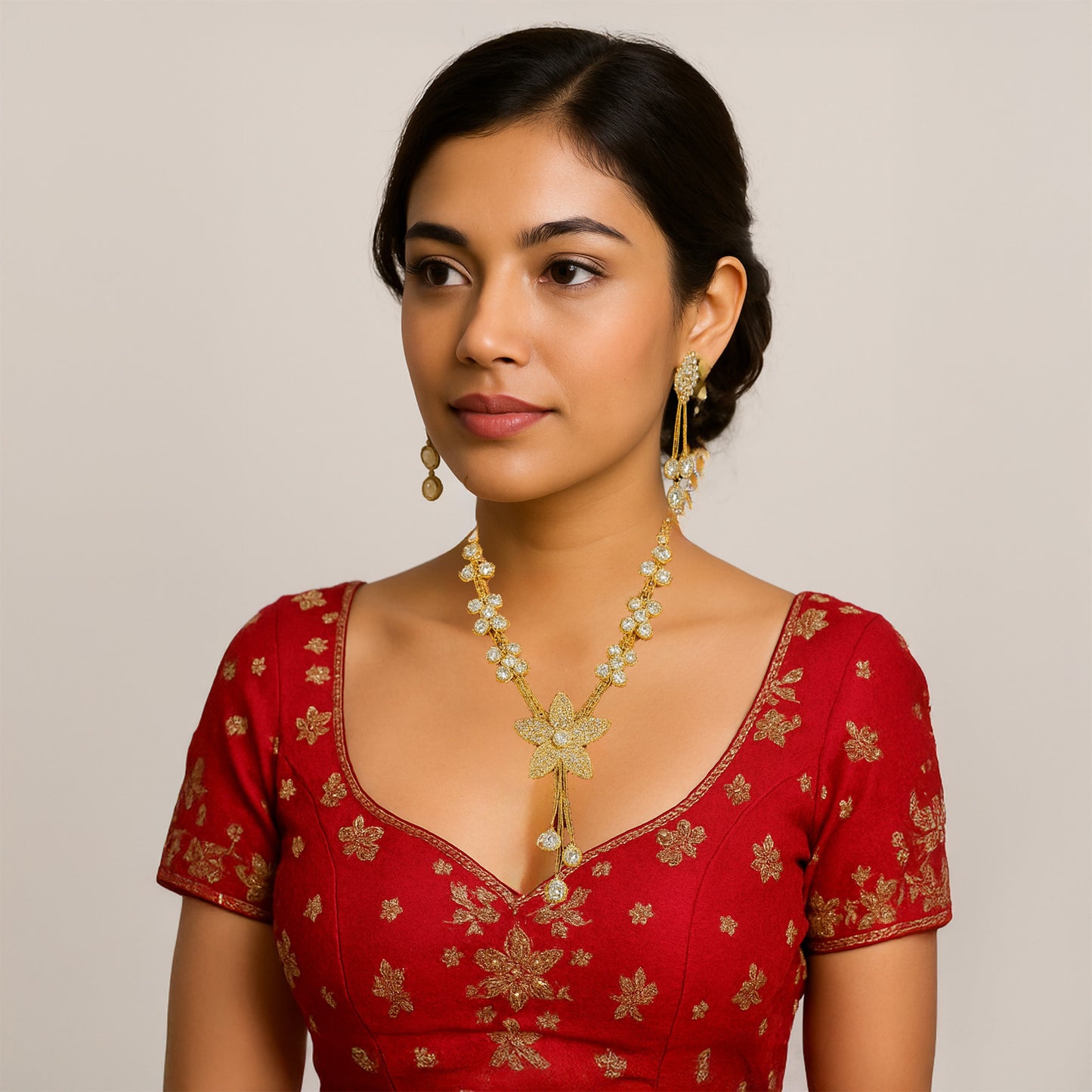 Gold-Tone Floral  Stone Studded Sparkling Necklace  Set