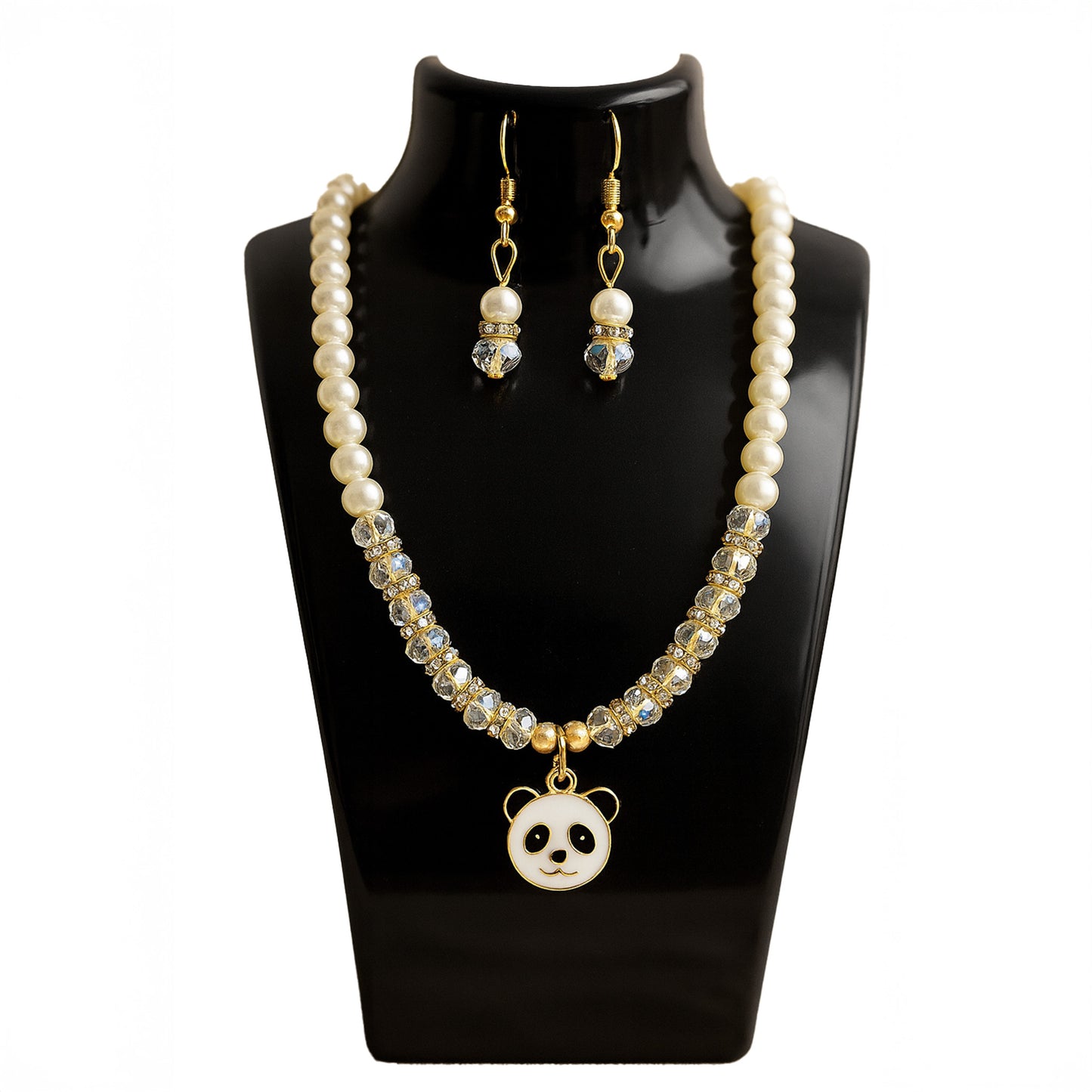 Pearl Necklace and Earrings Set with Panda Charm