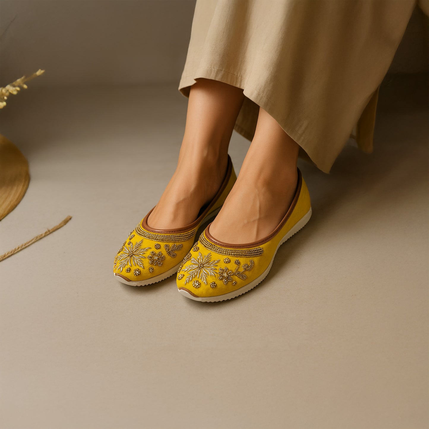 Handcrafted Yellow Juttis with Floral Moti Embiodery