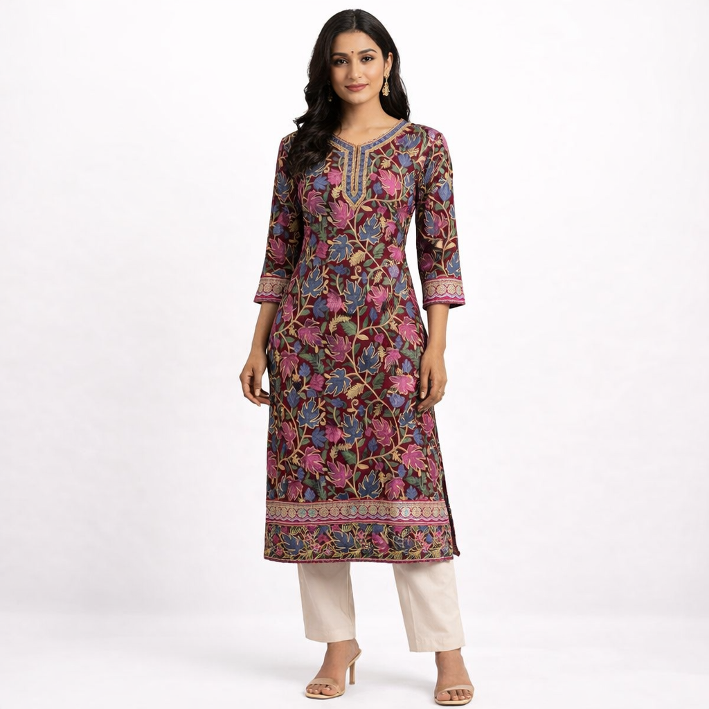 Maroon full-embroidered free size Kurti -semi-stitched