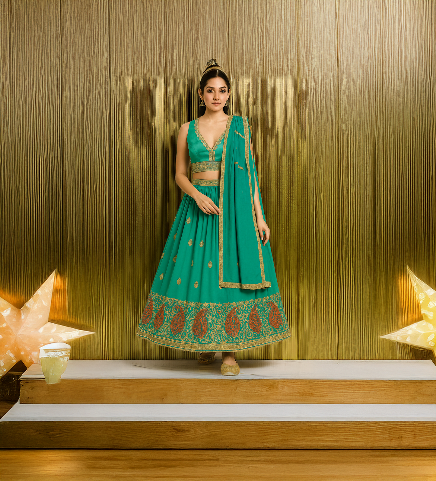 Emerald Green Embroidered Lehenga Set