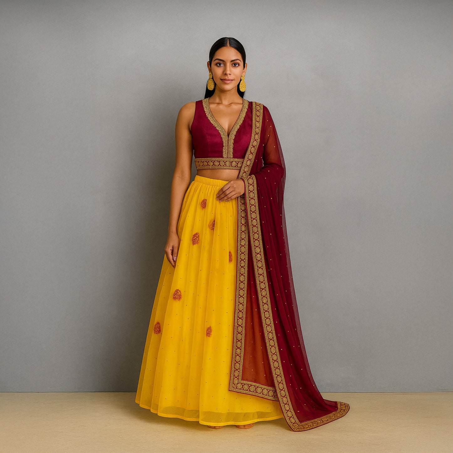 Pre-Stitched Modern Deisgner Floral Lehenga Set - Rani & Yellow with dupatta