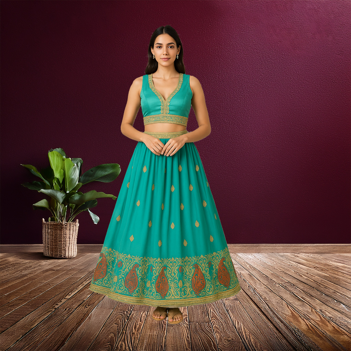 Emerald Green Embroidered Lehenga Set