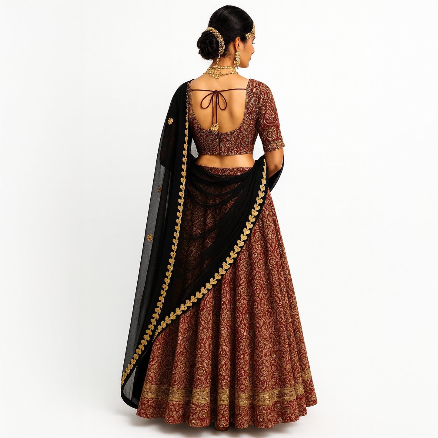 Brown & Gold Embroidered Cotton Lehenga Set with Black Dupatta