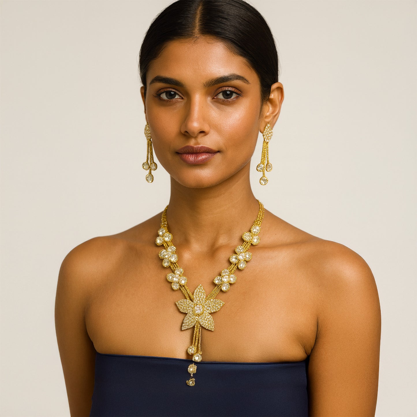 Gold-Tone Floral  Stone Studded Sparkling Necklace  Set