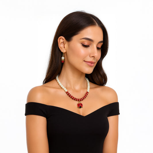 Red Pearl Necklace Set with Ladybug Charm