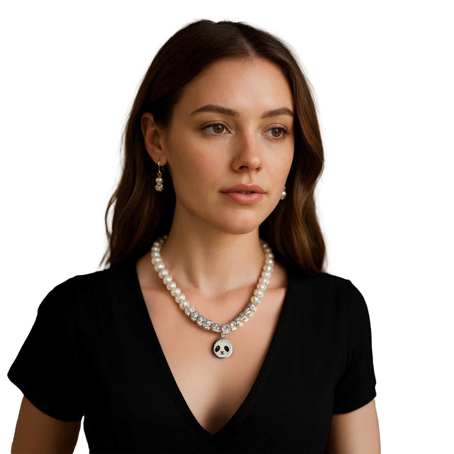 Pearl Necklace and Earrings Set with Panda Charm