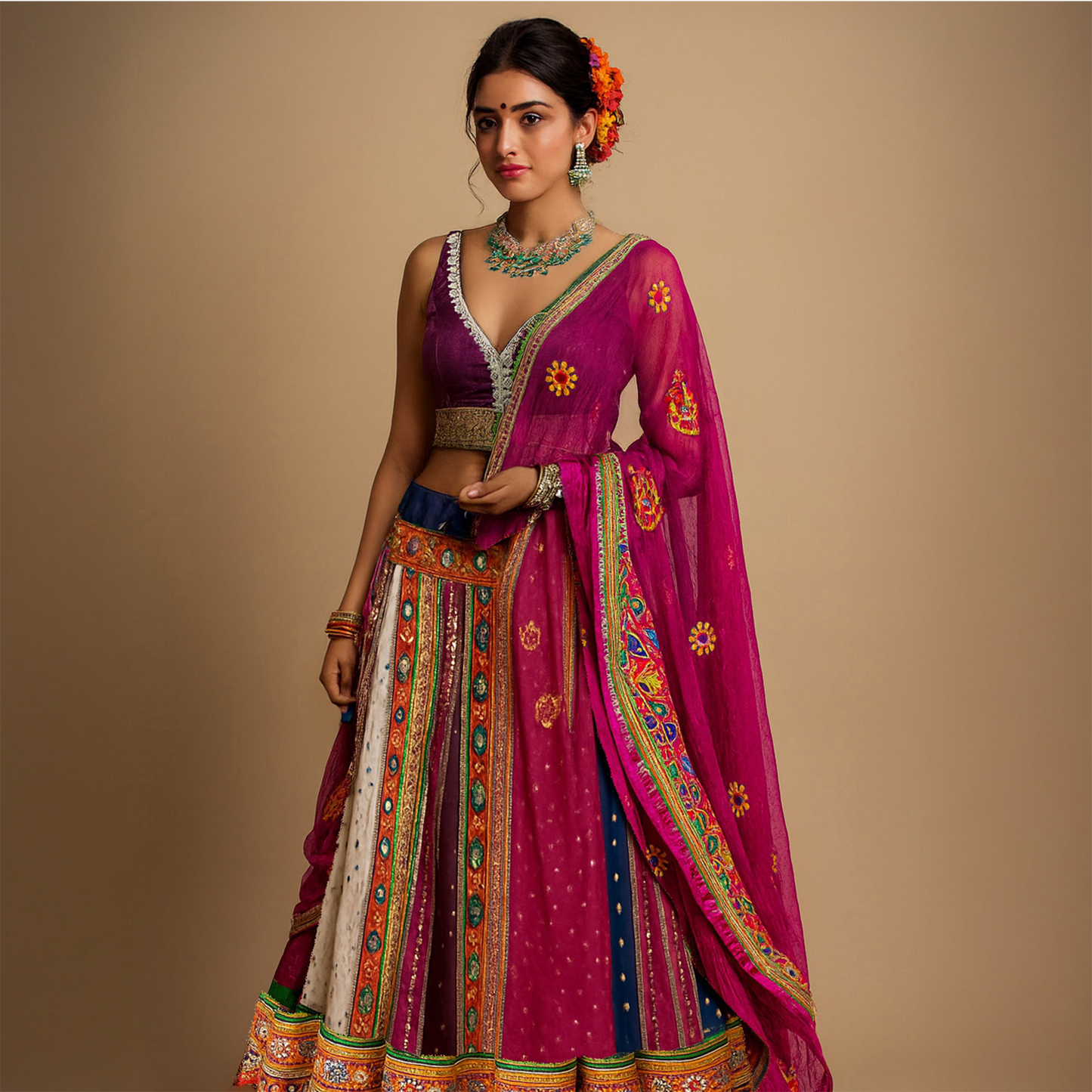 Cotton multiColored Embroidered and Mirrored lehenga set