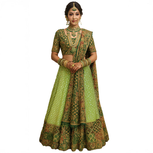 Green pure cotton Embellished Mirror and Sequein embriodery Lehenga Set