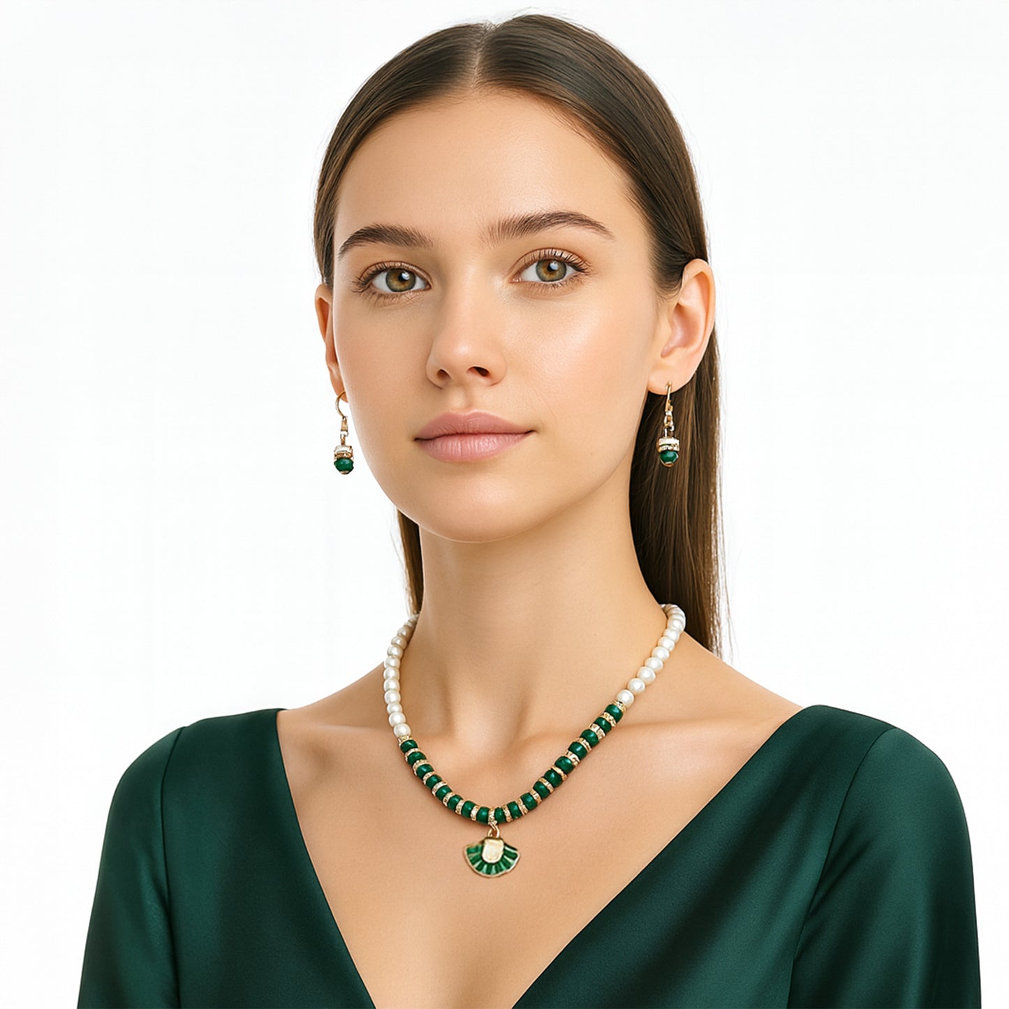 Green Pearl Necklace Set with Matching Earrings