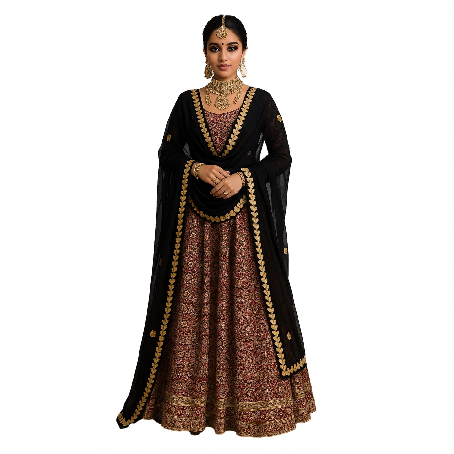 Brown & Gold Embroidered Cotton Lehenga Set with Black Dupatta