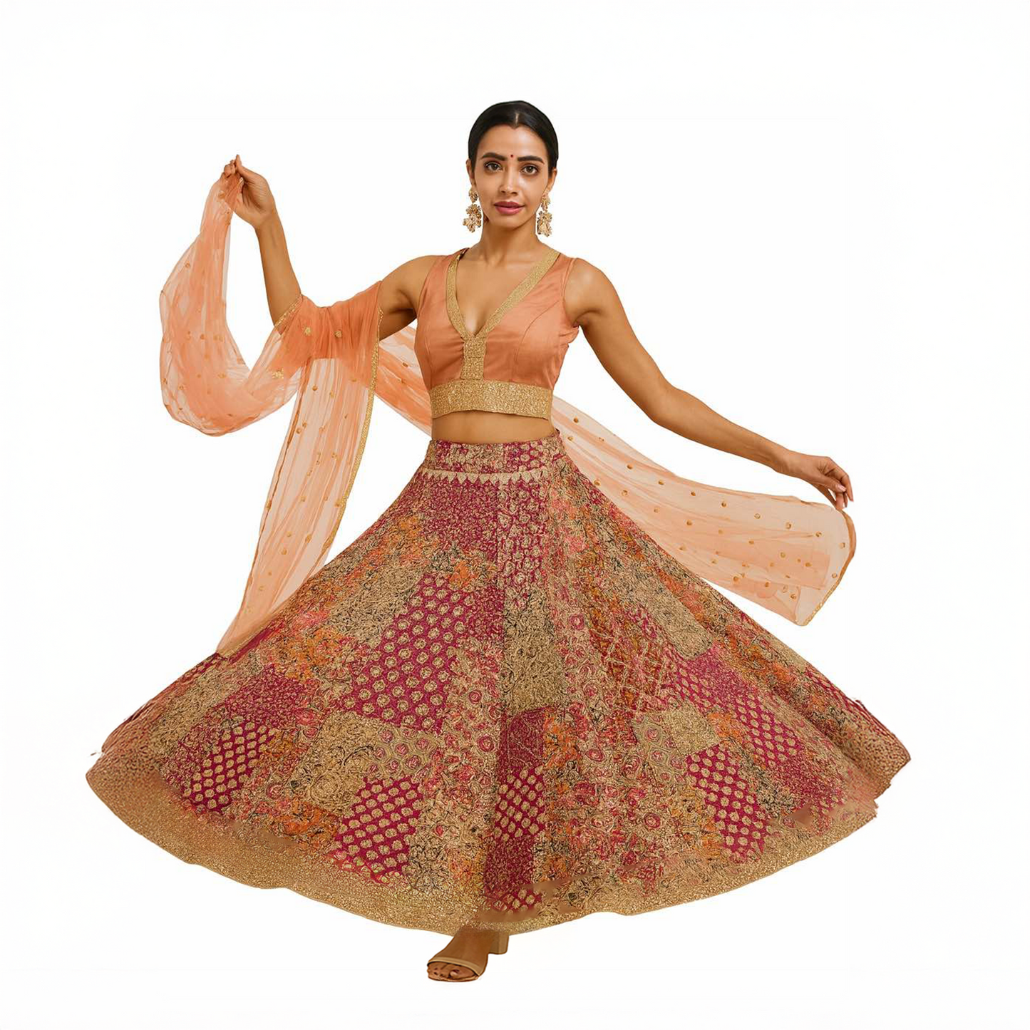 Pre-stitched Peach & Maroon Embroidered Lehenga Set