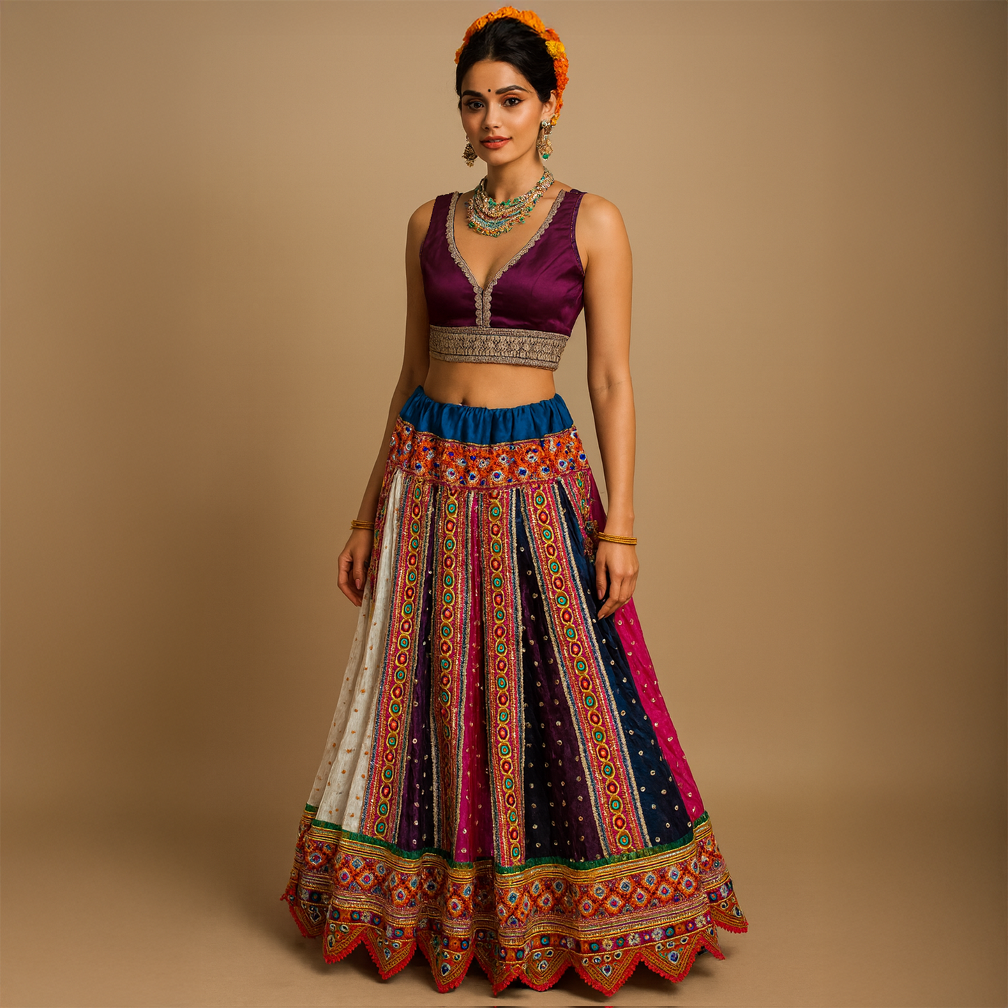 Cotton multiColored Embroidered and Mirrored lehenga set