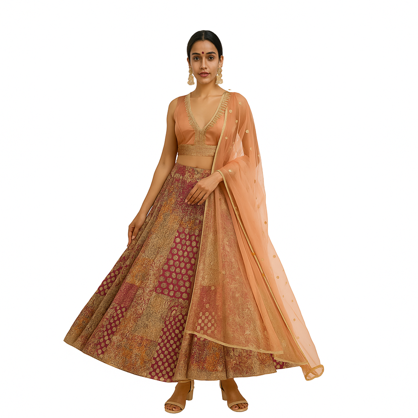 Pre-stitched Peach & Maroon Embroidered Lehenga Set