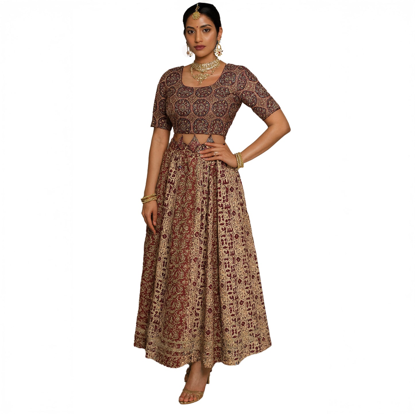 Brown & Gold Embroidered Cotton Lehenga Set with Black Dupatta