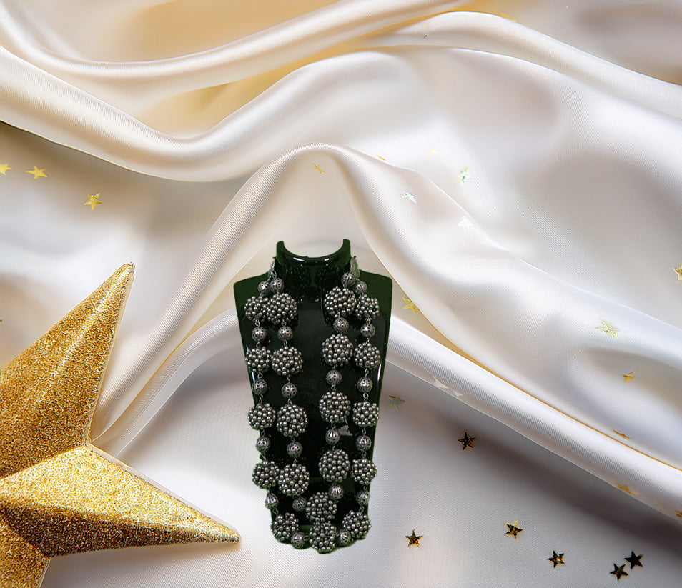 Layered Silver Beaded Statement Necklace