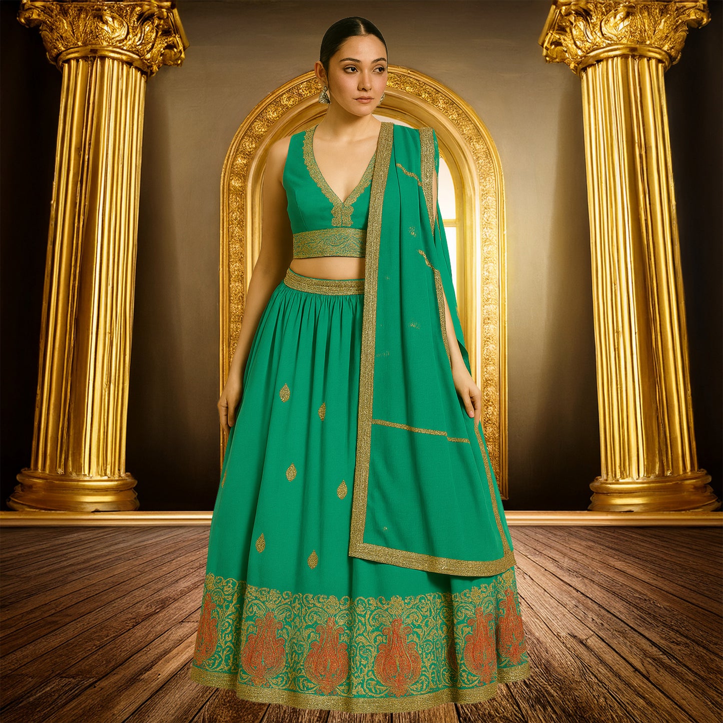 Emerald Green Embroidered Lehenga Set