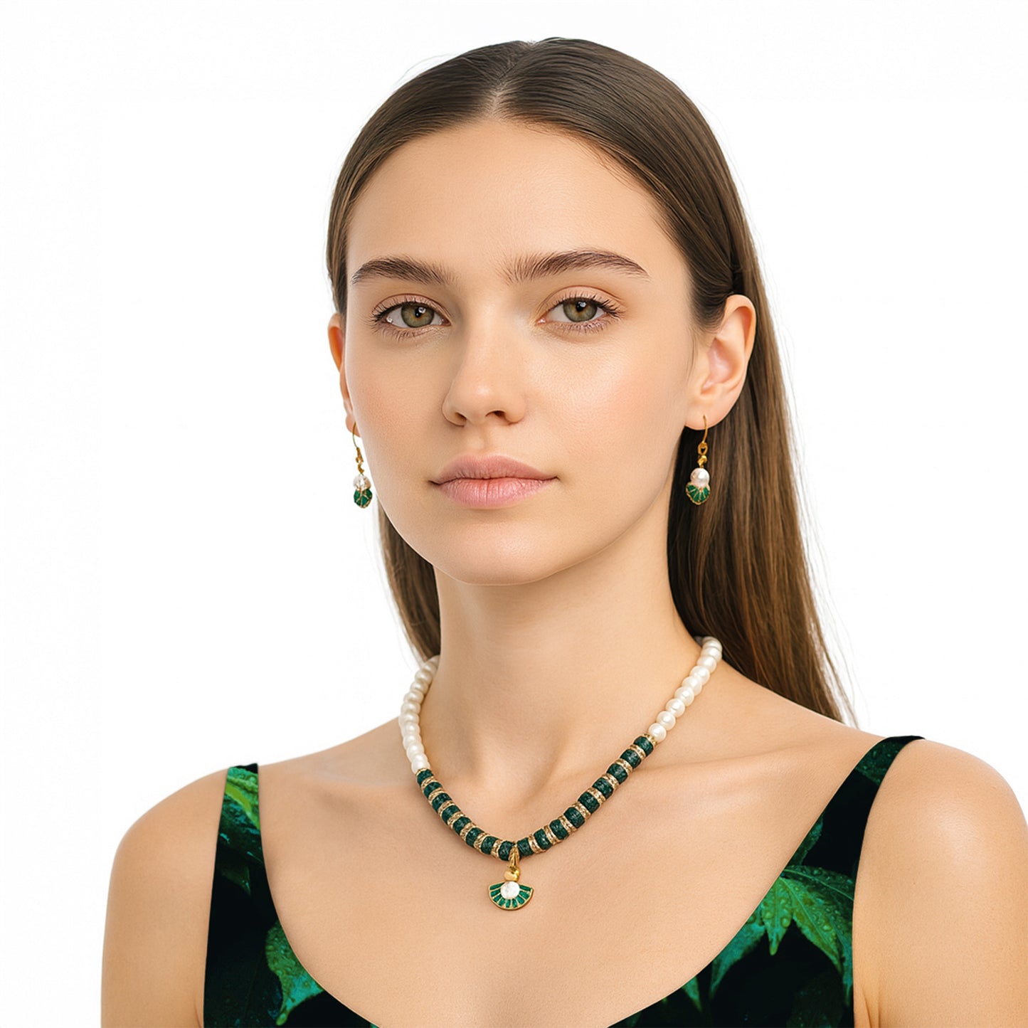 Green Pearl Necklace Set with Matching Earrings