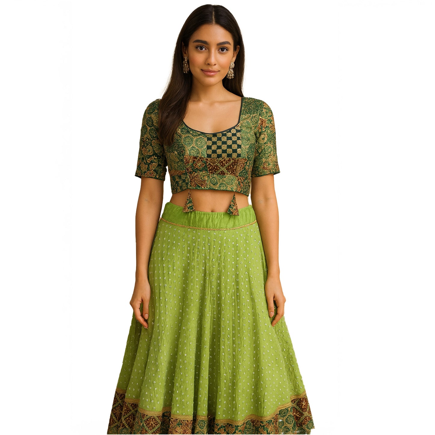 Green pure cotton Embellished Mirror and Sequein embriodery Lehenga Set