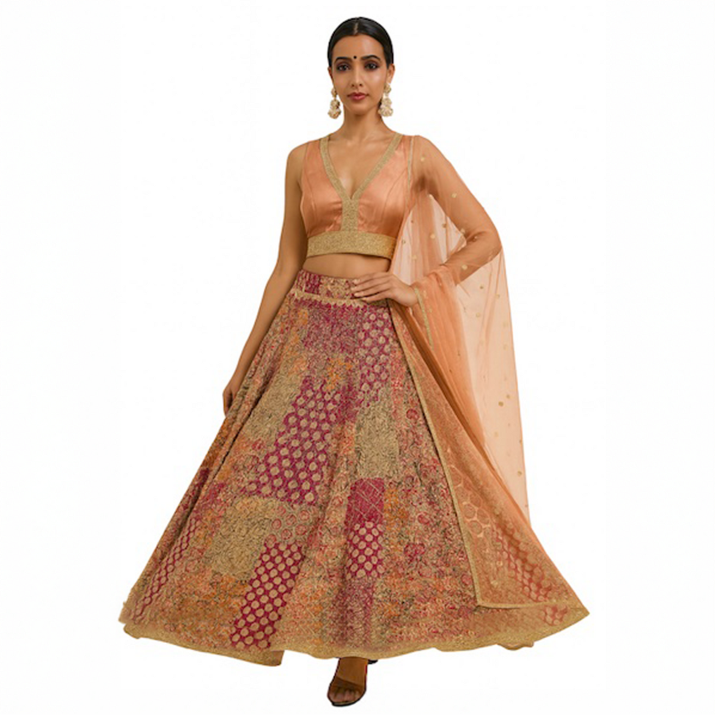 Pre-stitched Peach & Maroon Embroidered Lehenga Set