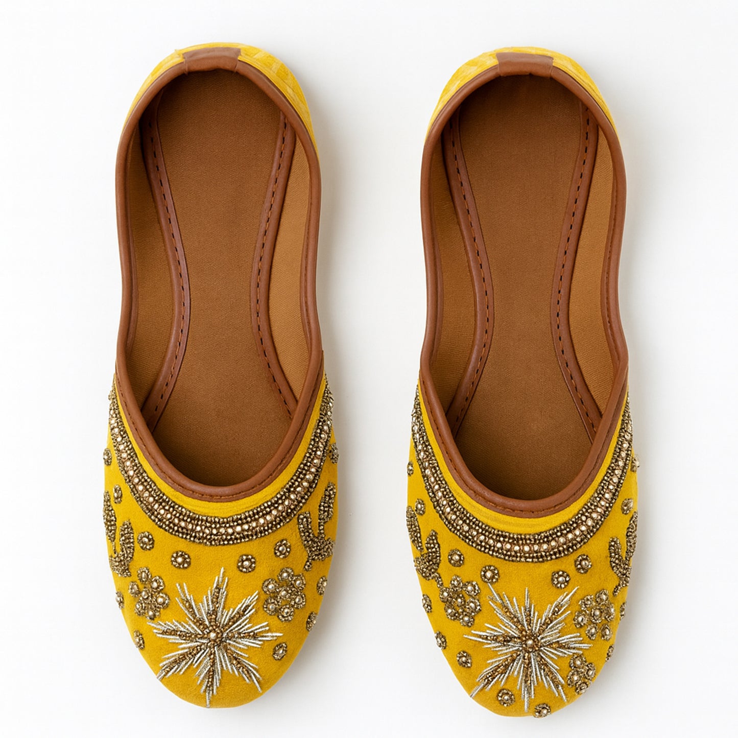 Handcrafted Yellow Juttis with Floral Moti Embiodery