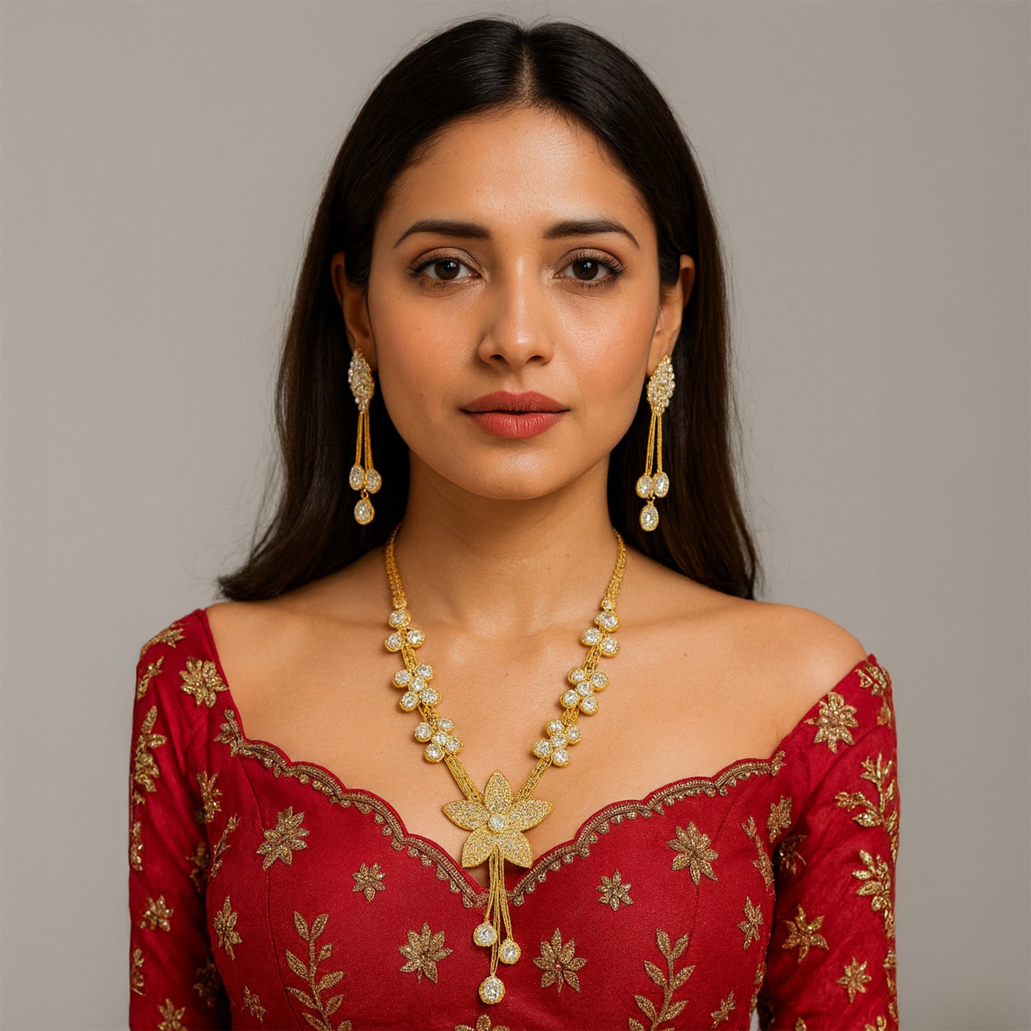 Gold-Tone Floral  Stone Studded Sparkling Necklace  Set