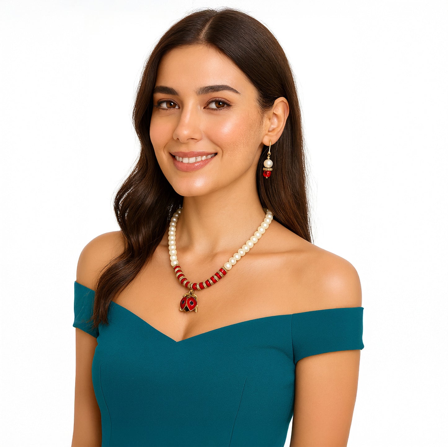 Red Pearl Necklace Set with Ladybug Charm