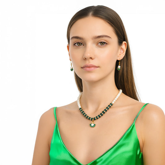 Green Pearl Necklace Set with Matching Earrings