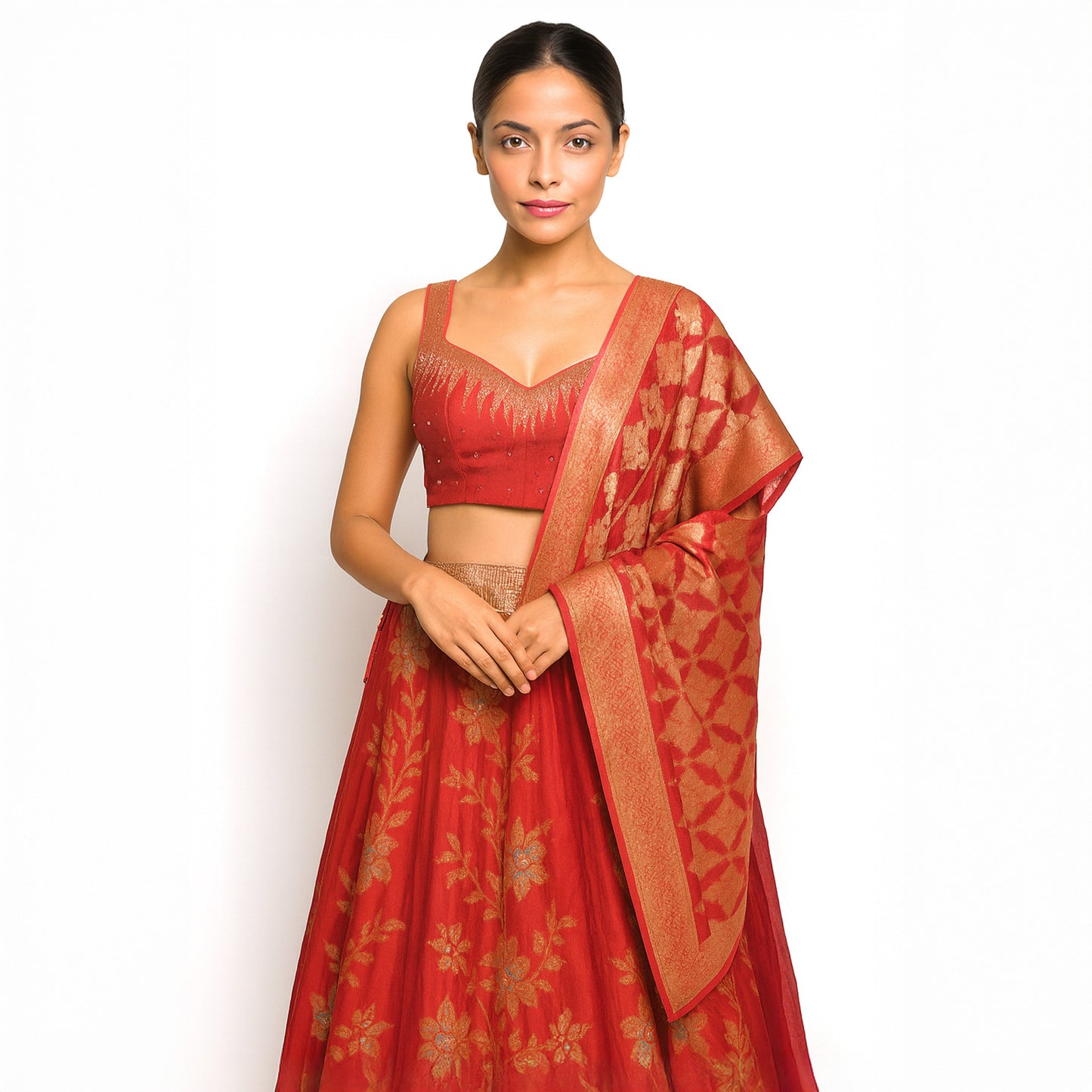 Pre-stitched free size Elegant Red Banarasi Lehenga  Choli in Jari and Brocade Work