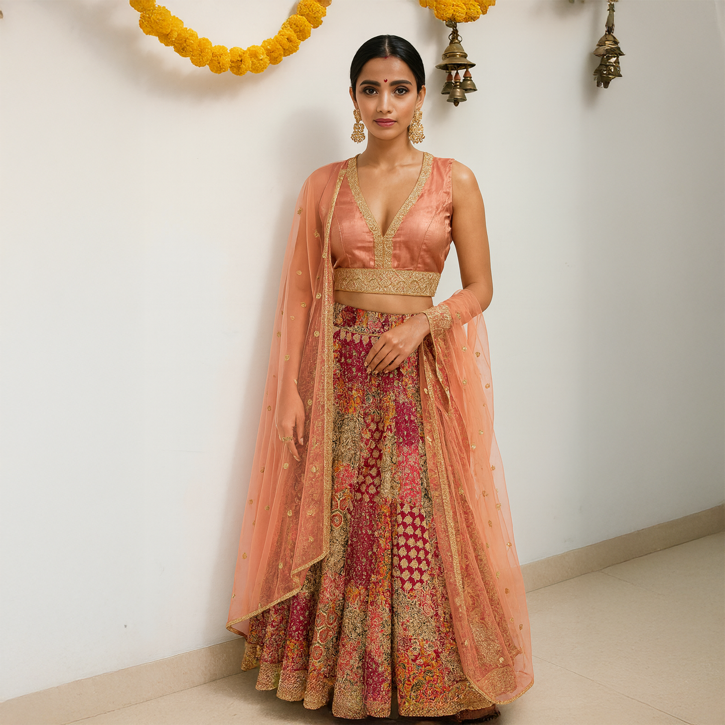 Pre-stitched Peach & Maroon Embroidered Lehenga Set