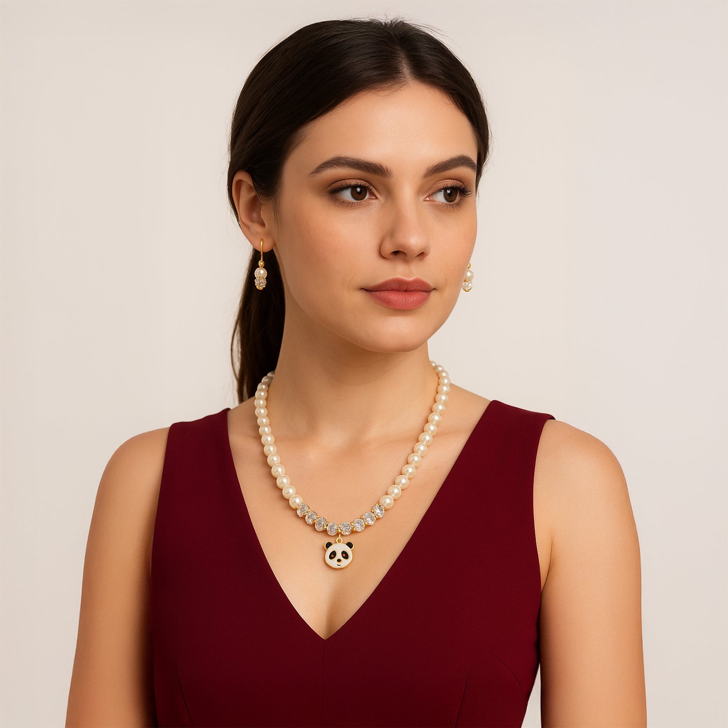 Pearl Necklace and Earrings Set with Panda Charm