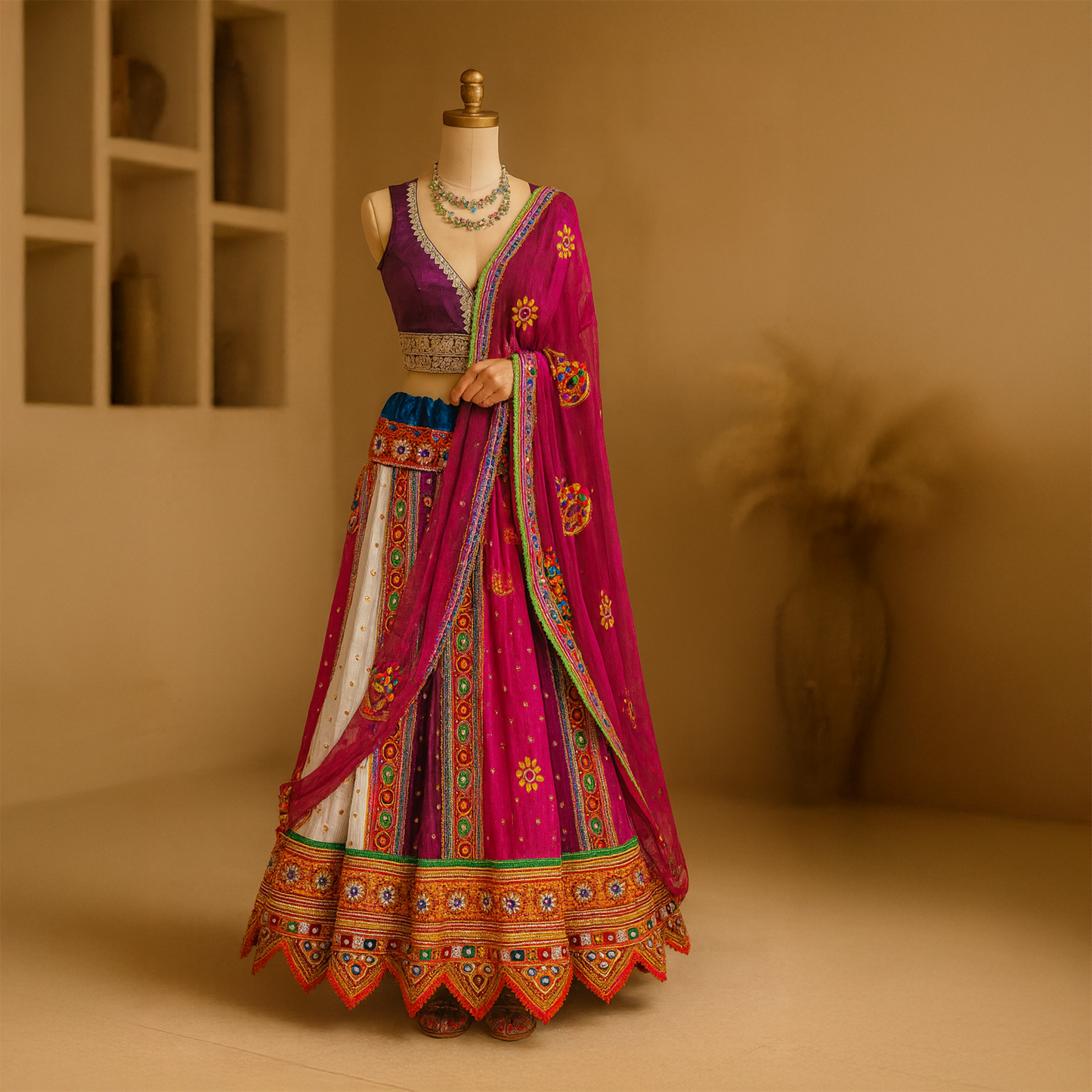 Cotton multiColored Embroidered and Mirrored lehenga set