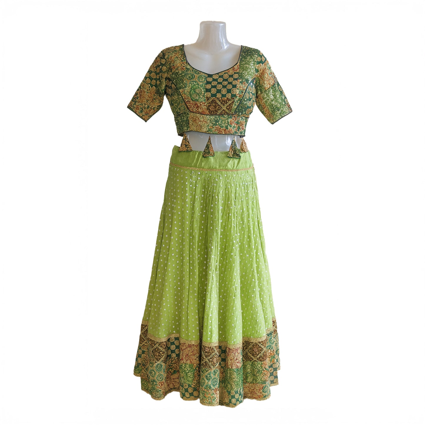 Green pure cotton Embellished Mirror and Sequein embriodery Lehenga Set
