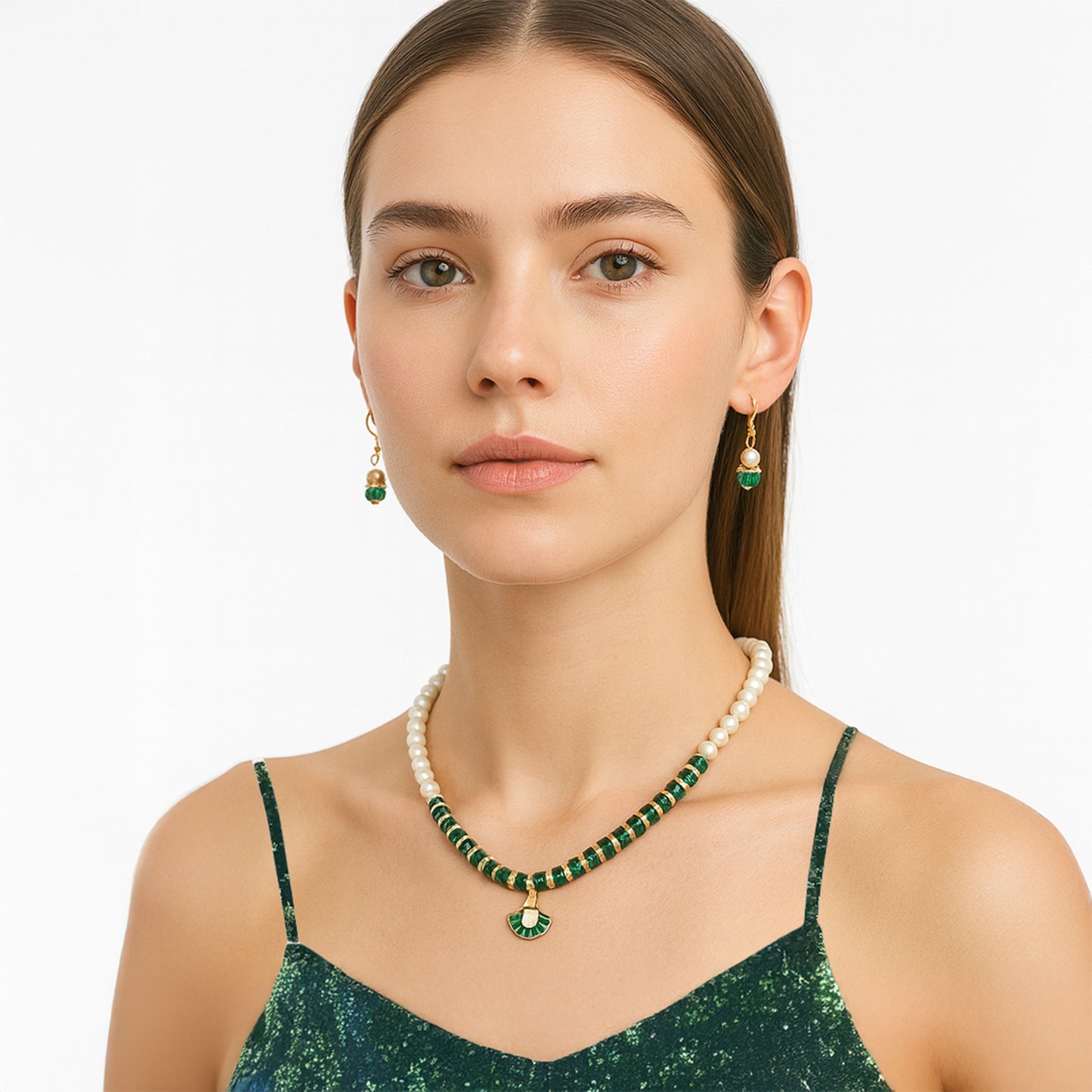 Green Pearl Necklace Set with Matching Earrings