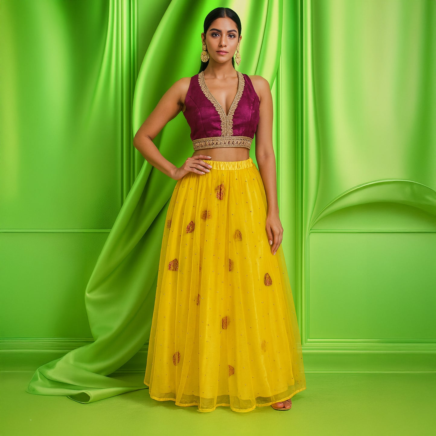 Pre-Stitched Modern Deisgner Floral Lehenga Set - Rani & Yellow with dupatta