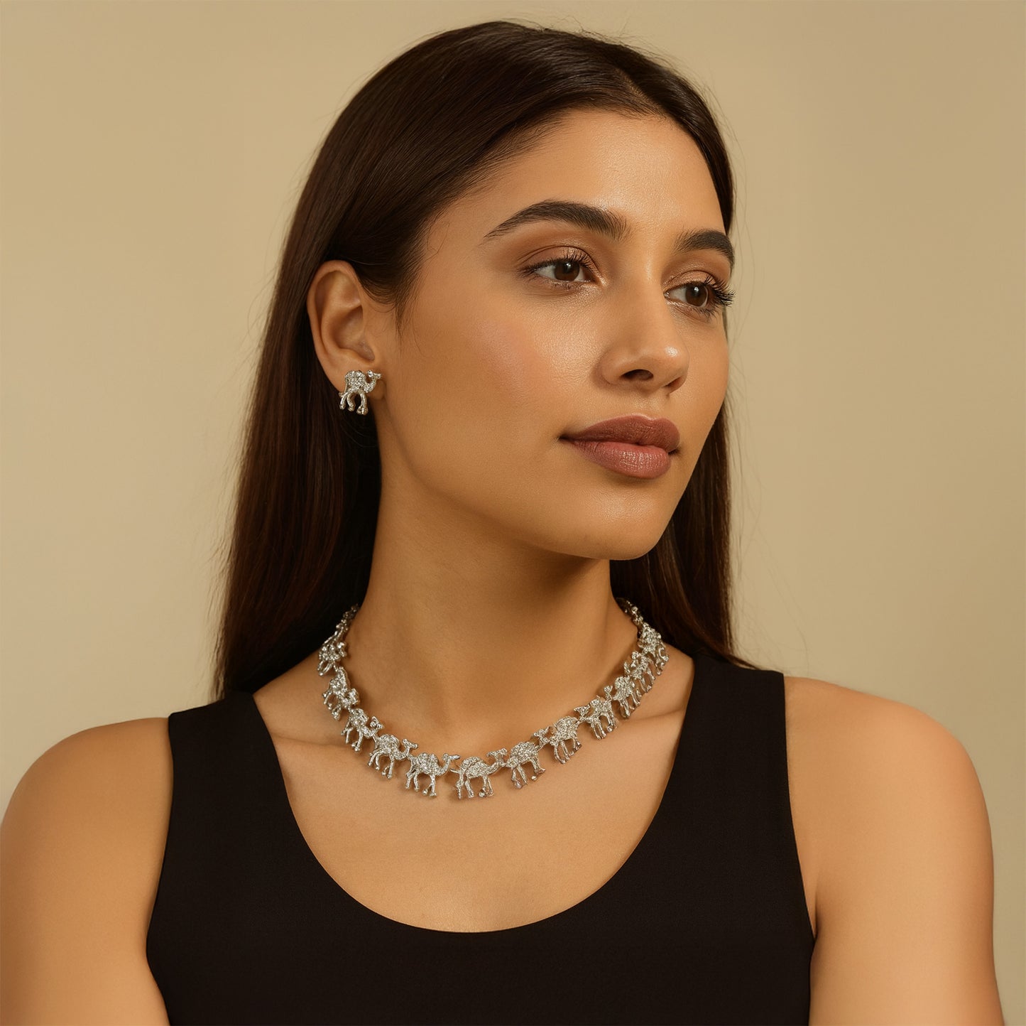 Oxidised Silver Camel Necklace and Earrings Set