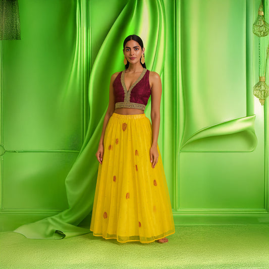 Pre-Stitched Modern Deisgner Floral Lehenga Set - Rani & Yellow with dupatta