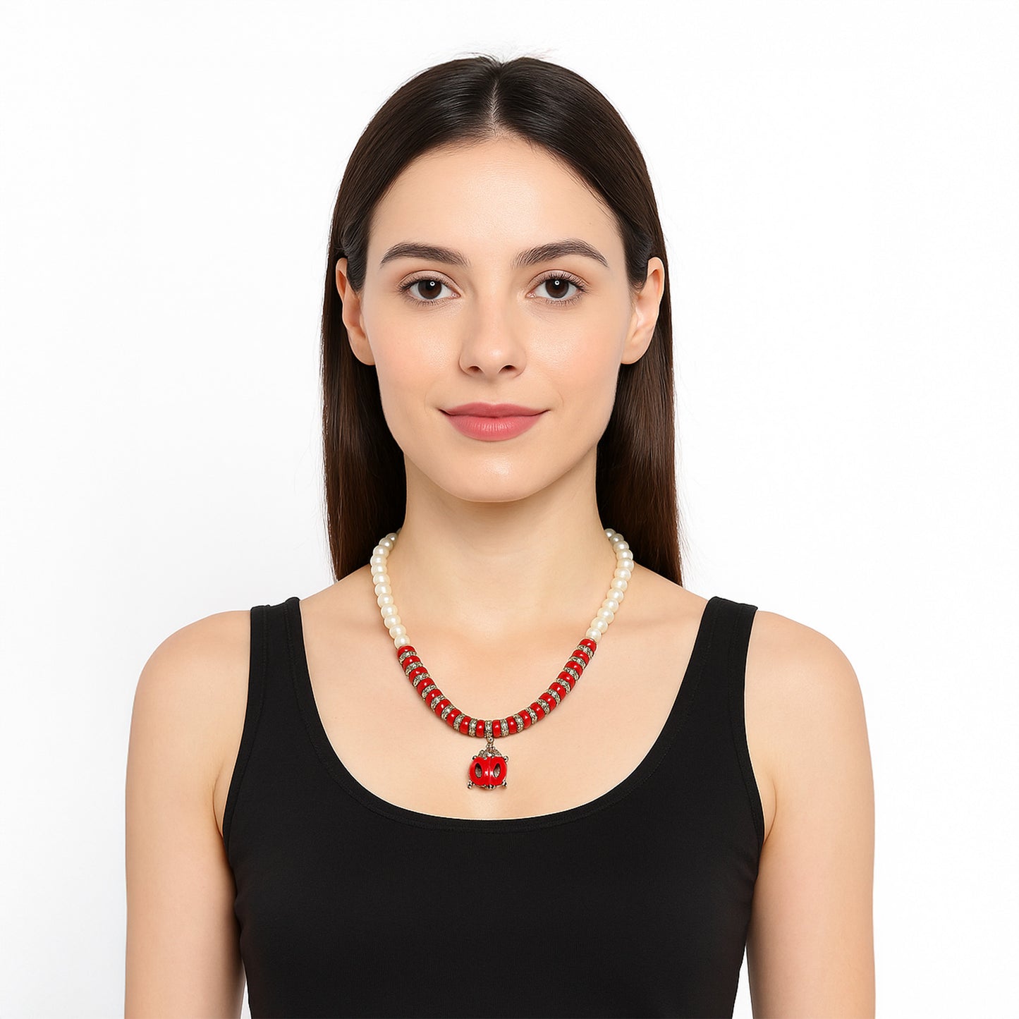 Red Pearl Necklace Set with Ladybug Charm