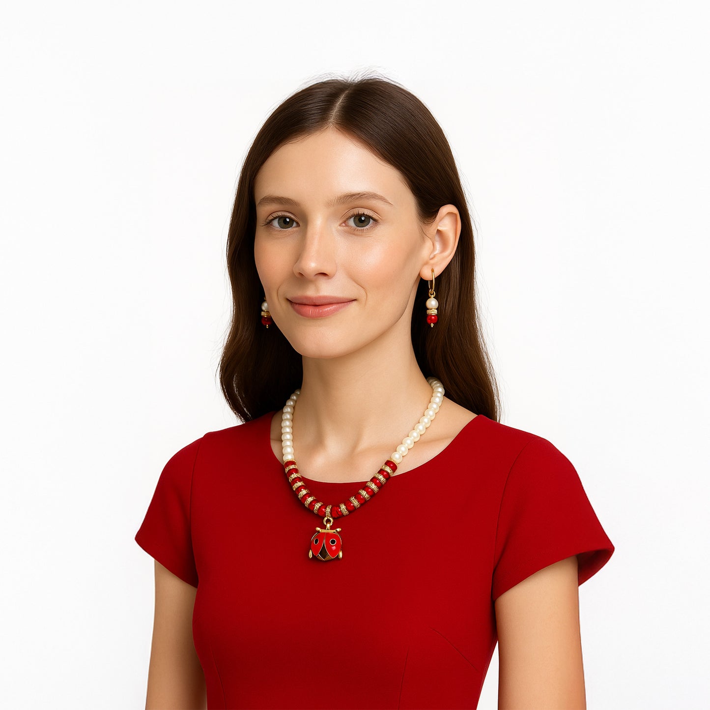 Red Pearl Necklace Set with Ladybug Charm